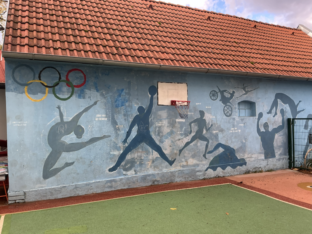 Školní hřiště s basketbalovým košem